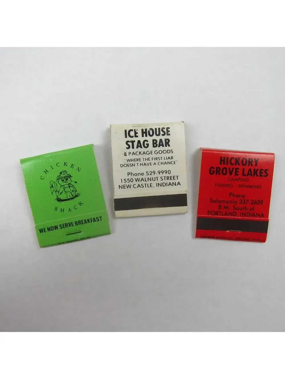 3 Matchbooks Indiana Chicken Shack, Ice House Stag Bar, Hickory Grove Lakes